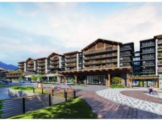 Exterior mountain view of alpine-style residential resort condos with greenery Town Boquete Panama