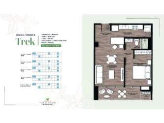Open layout one-bedroom apartment floor plan with balcony mountain views at Town Boquete