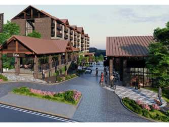 Rustic contemporary multi-building Town Boquete with retail and residential space, outdoor seating and landscaping in mountain setting