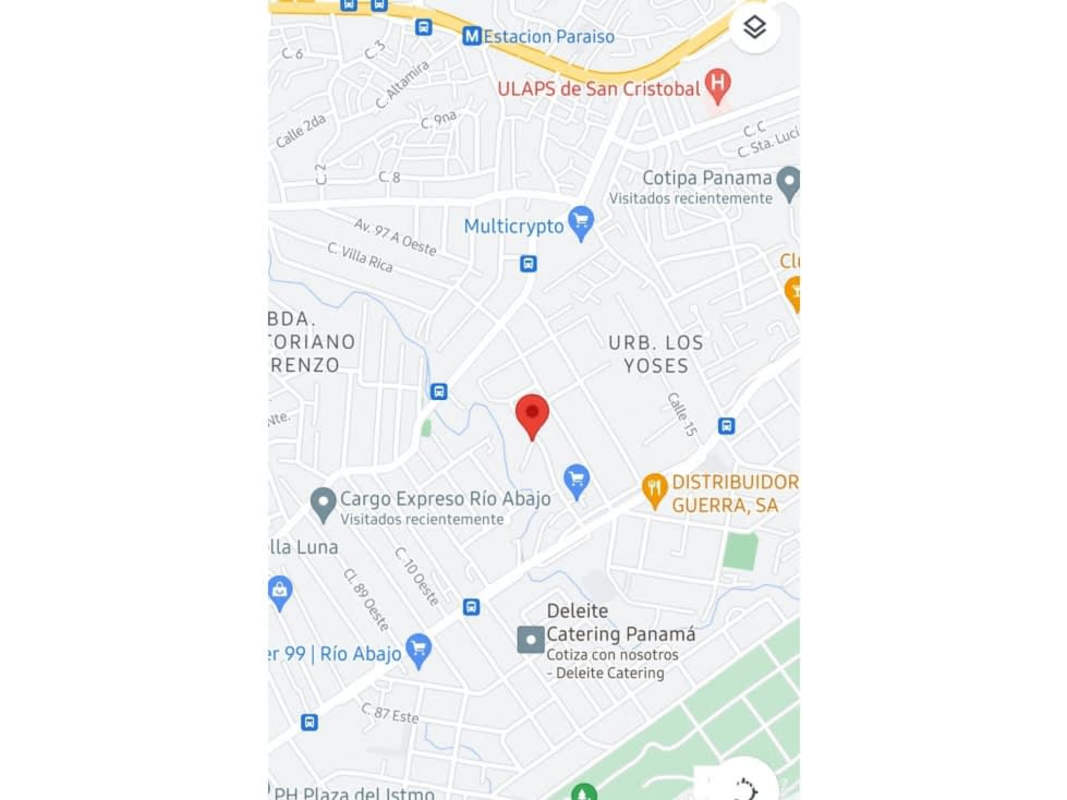 Digital map view showing exact location of 1200m2 corner lot along Avenida Domingo Díaz Calle 96 Oeste Panama City