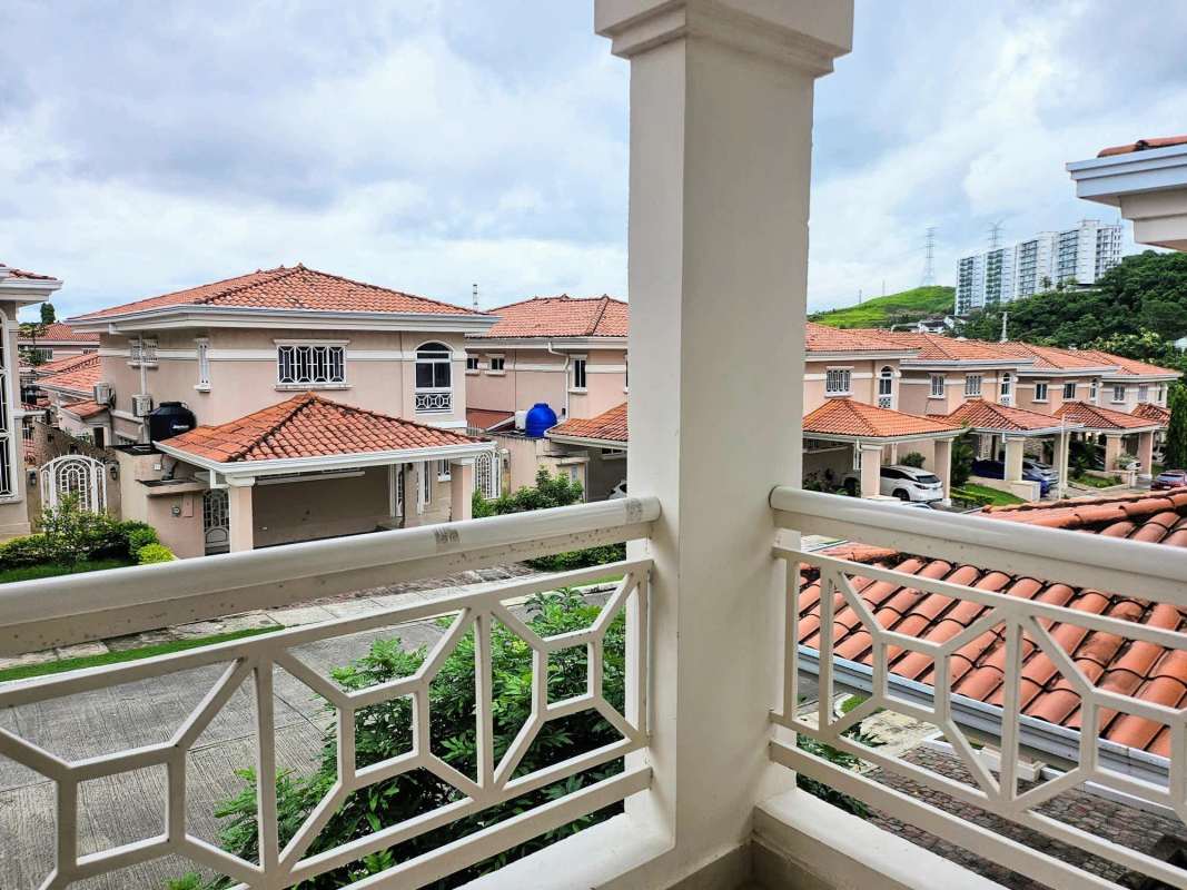 View from balcony over residential Mediterranean homes in Condado del Rey Panama