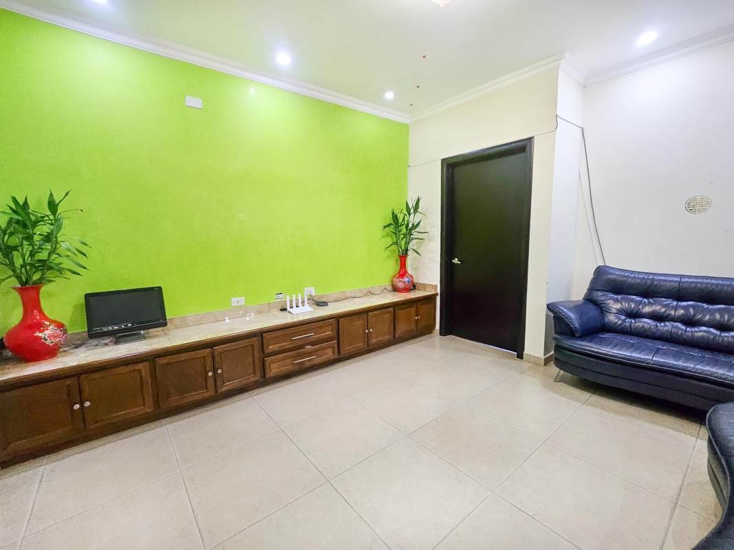 Bright living room with green wall and leather sofa in Altos del Country house