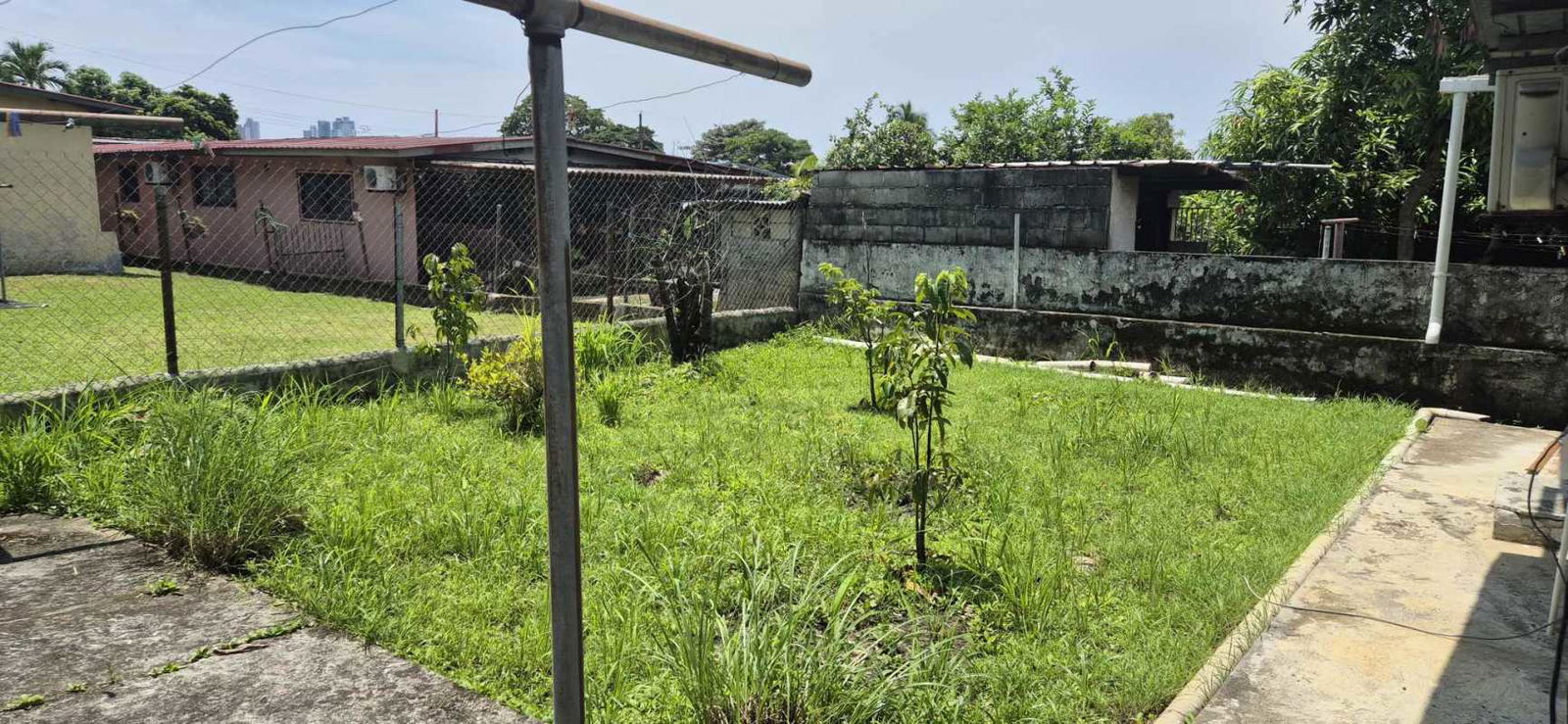 Private fenced backyard with grass, trees and concrete path Villa Rica Panama