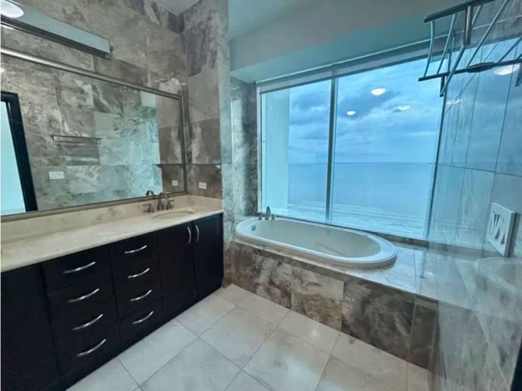 Bathroom with bathtub large window ocean view double vanity PH Ocean Two Costa del Este Panama
