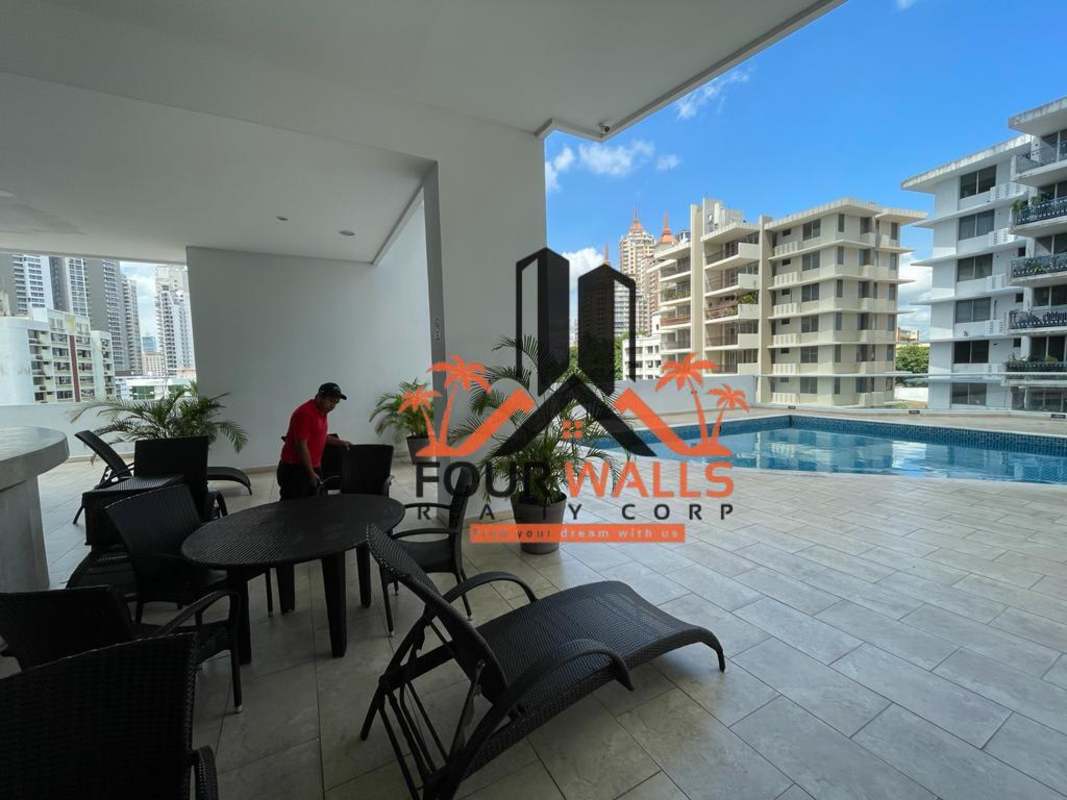 Outdoor swimming pool terrace at PH Forum El Cangrejo condo building with city views