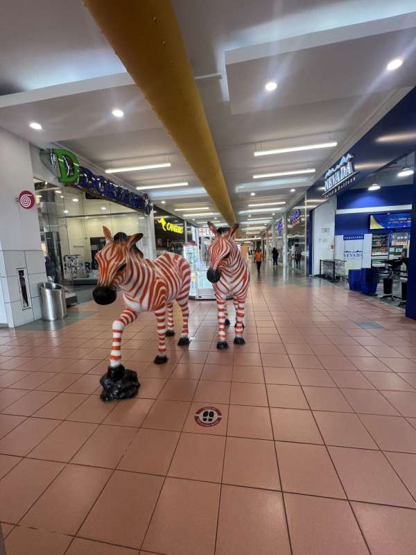 Shopping center corridor with zebra statues and storefronts inside Albrook Mall Panama