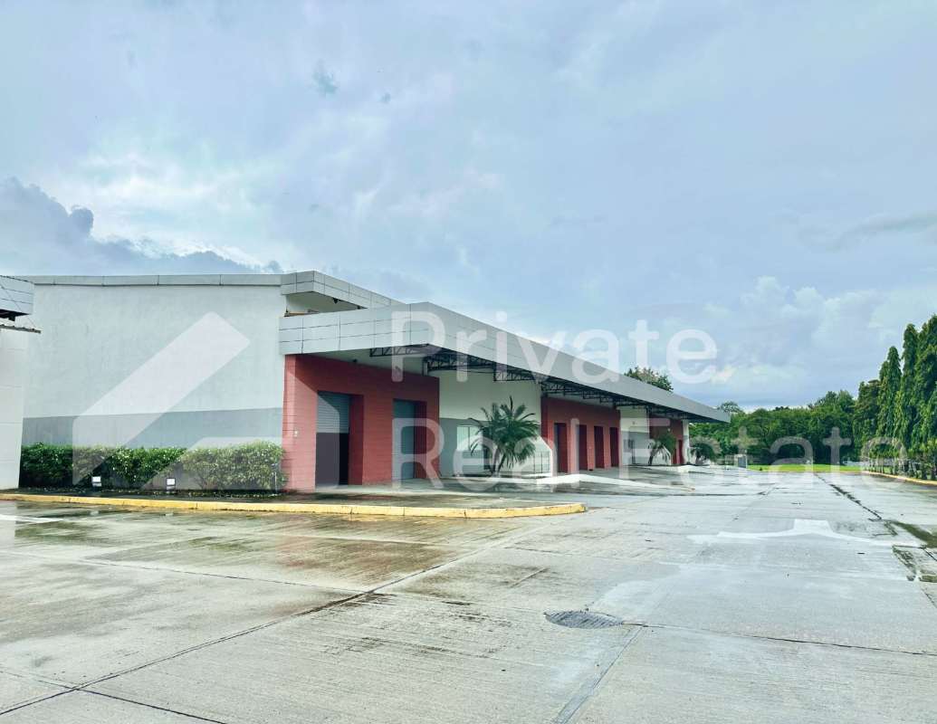 Industrial warehouse exterior with multiple loading docks and paved driveway Tocumen
