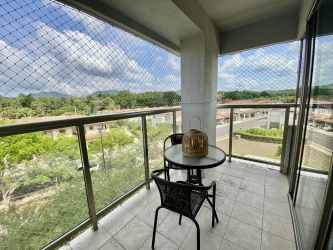 Bathroom with double sink vanity and glass enclosed shower PH Woodland Panama Pacifico