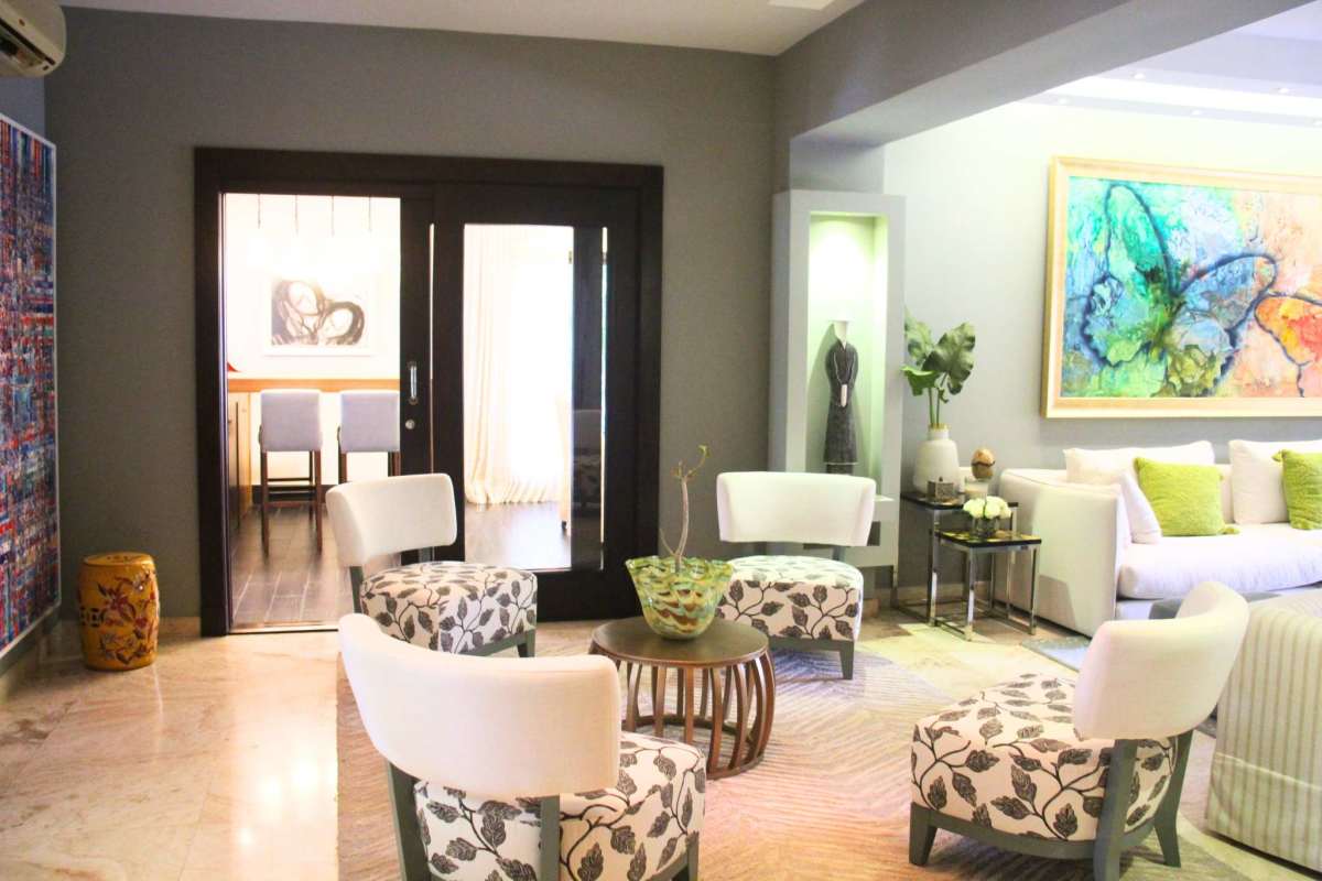 Luxury living room with marble floors, elegant decor in PH Antigua Costa del Este Panama