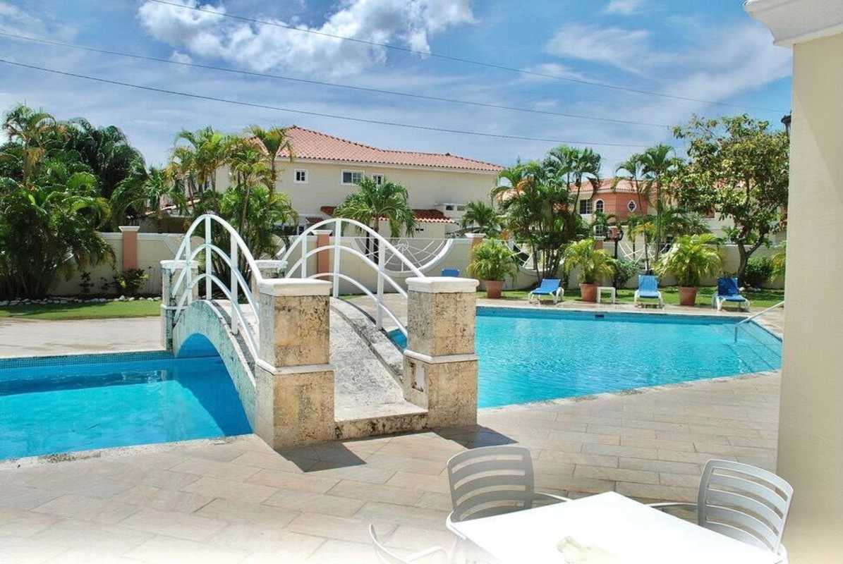 Contemporary bathroom double granite vanity and large mirror Villa Valencia Panama