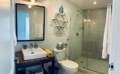 Bright master bedroom with ocean views in PH Solaria Punta Caelo beachfront apartment Panama