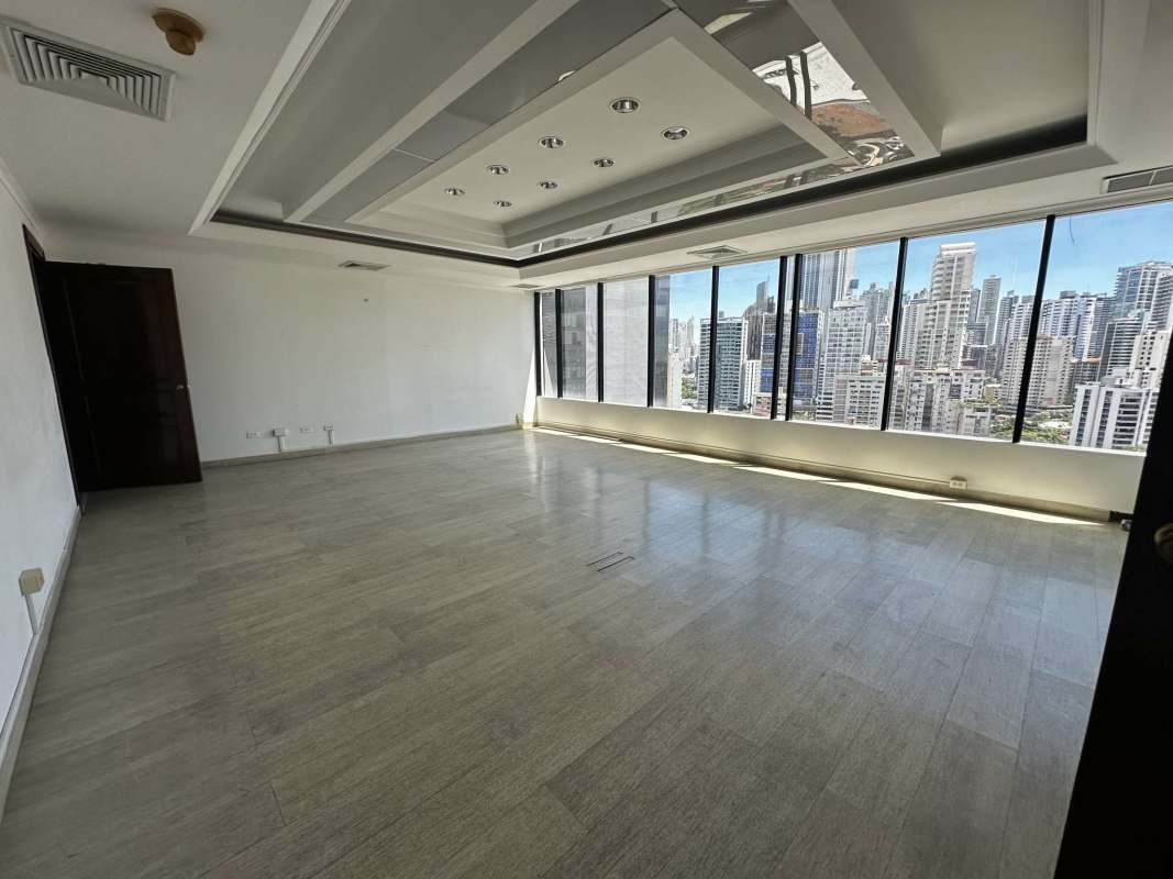 Large empty office space with wide windows city views Calle 50 Panama