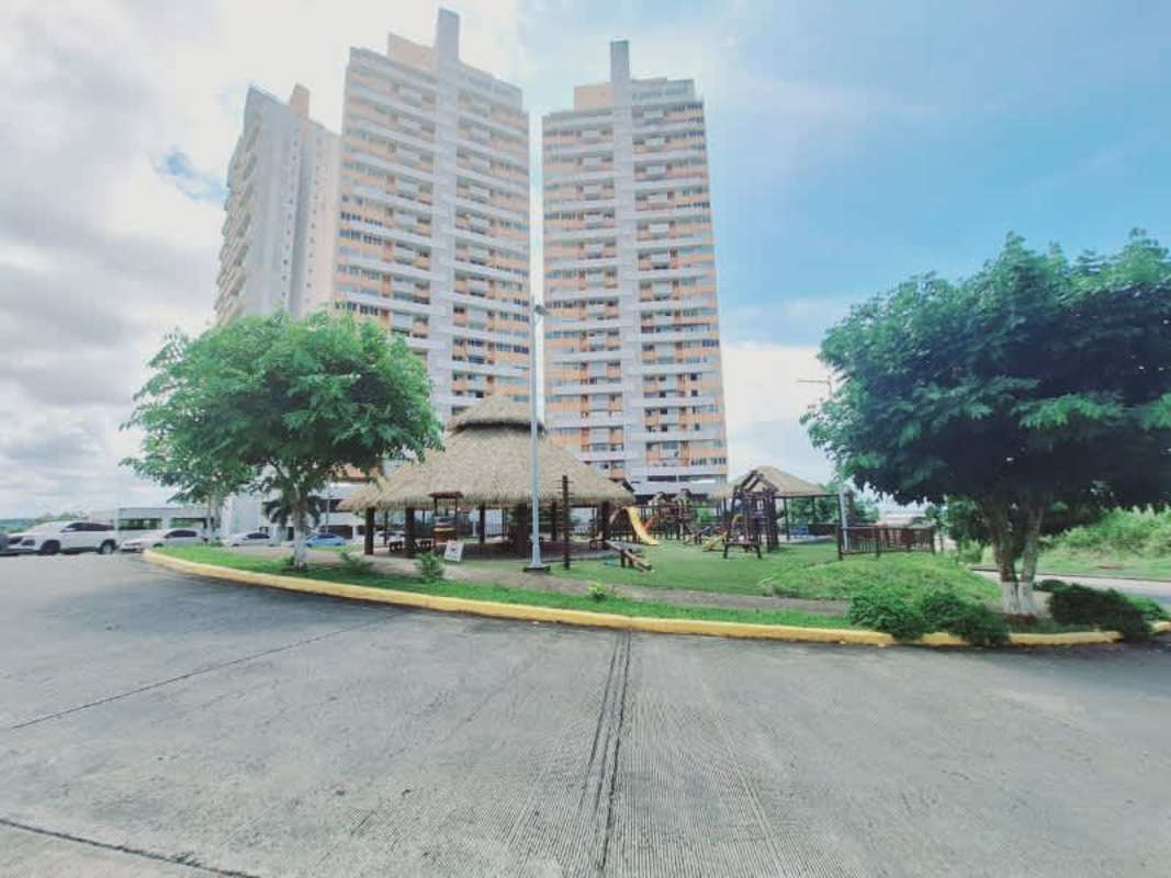 Exterior view Mystic Valley residential towers with gated entrance Panama City