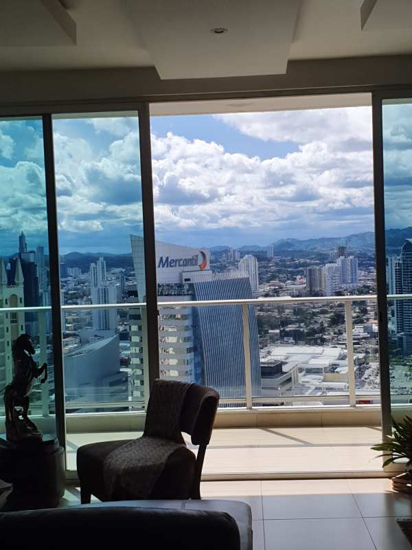 Balcony panoramic view from high floor apartment PH Dupont Punta Pacifica ocean skyline Panama City
