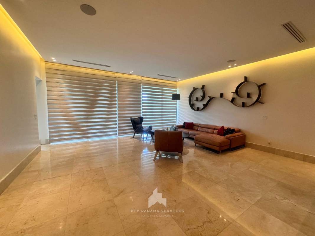 Gourmet kitchen with central island and premium appliances in Santa Maria Golf condo Panama