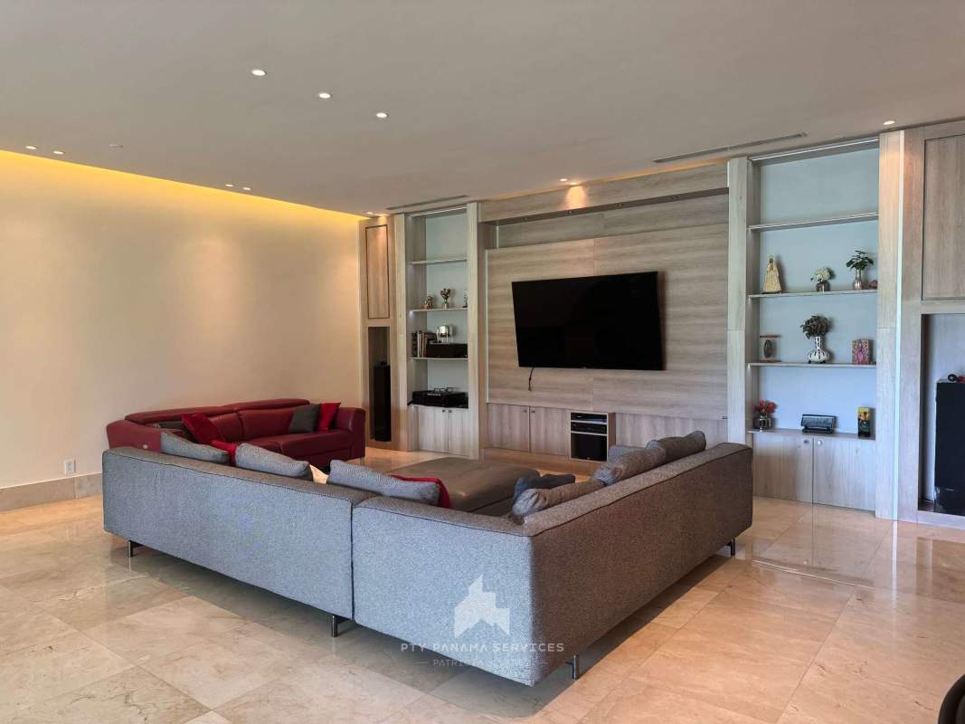 Formal dining area with marble floors and modern lighting in luxury Santa Maria Golf condo Panama
