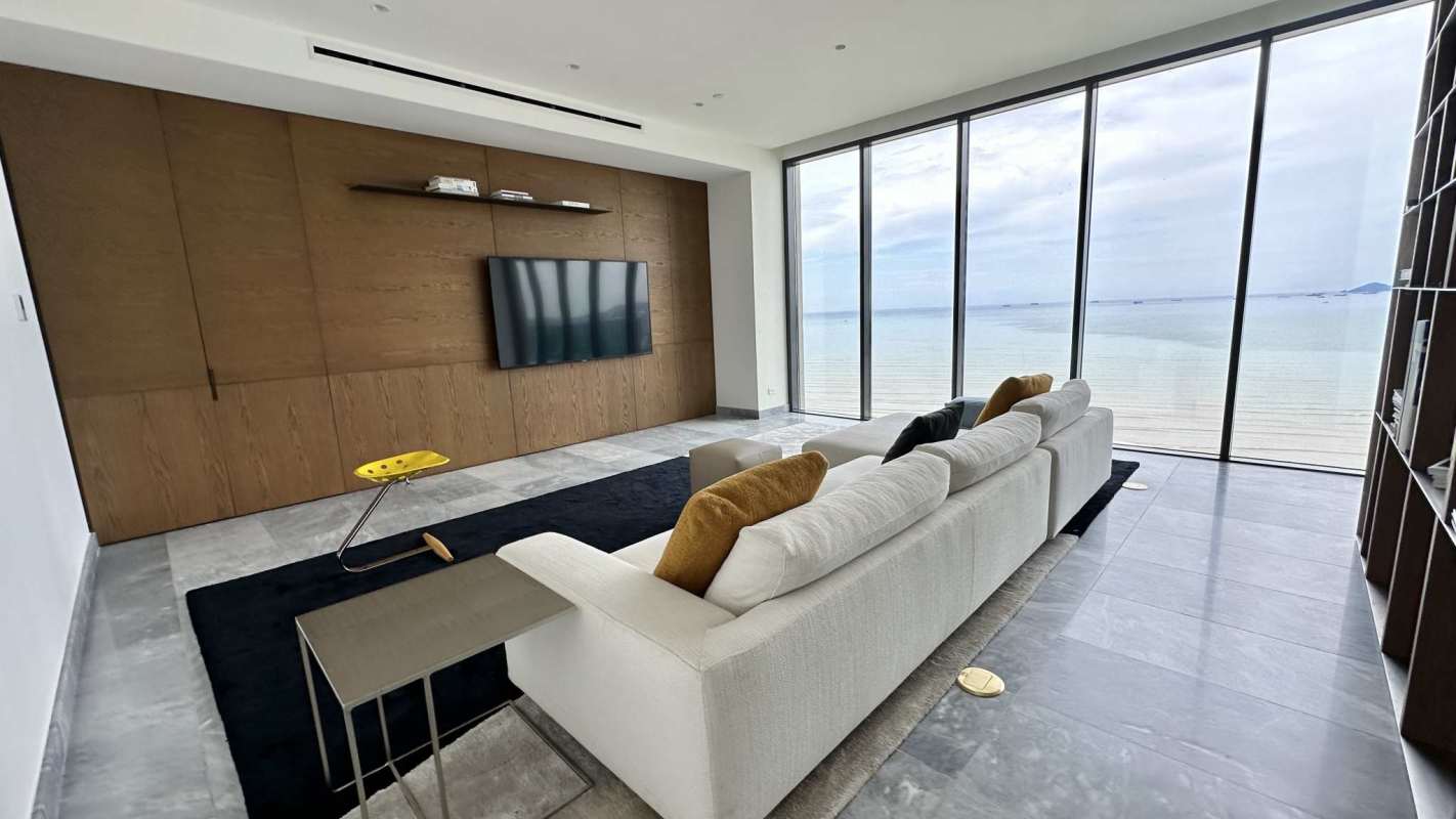 Spacious bedroom with city skyline view floor-to-ceiling windows in Upper East Costa del Este Panama