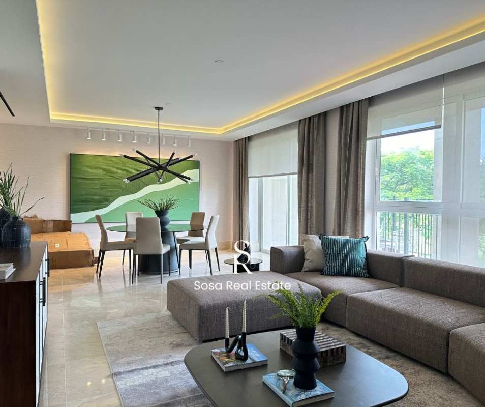 Modern kitchen with granite countertops, wood cabinetry furnished apartment in PH The Reserve Santa María Panama