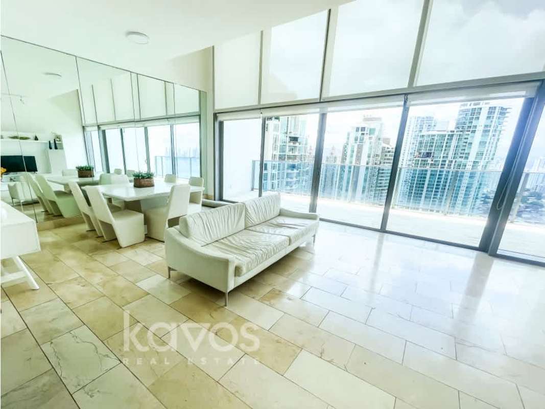 Large balcony overlooking ocean skyline and cityscape at PH Grand Tower Punta Pacifica Panama