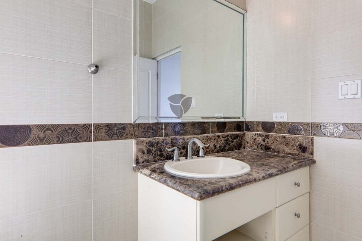 Bathroom marble vanity modern fixtures panoramic city view window PH Vista del Mar