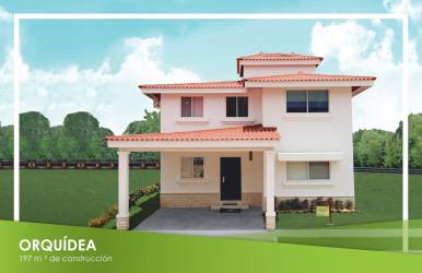 Two-story Mediterranean style Orquidea house with red tile roof and landscaped garden EcoGardens Arraiján Panama