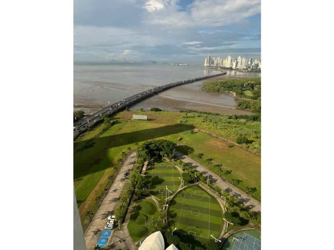 Aerial photo of Costa del Este waterfront parks skyline and Pacific Ocean Panama City
