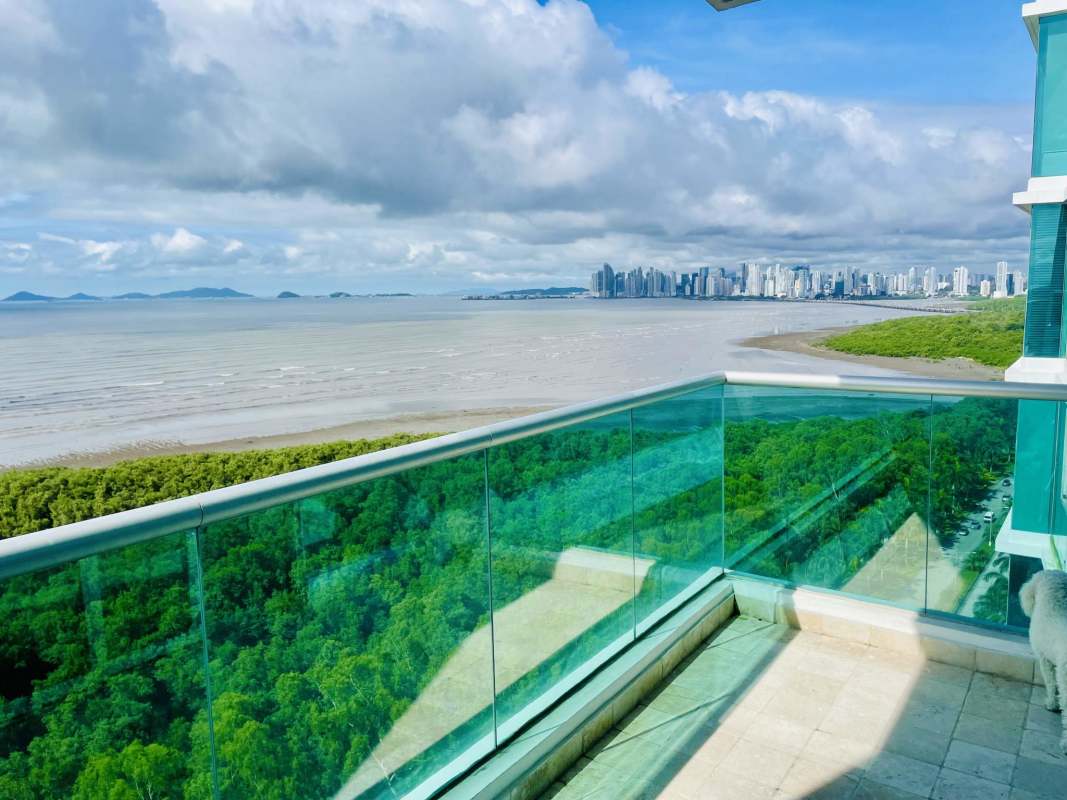 Glass balcony overlooking Pacific Ocean and city skyline Costa del Este Panama