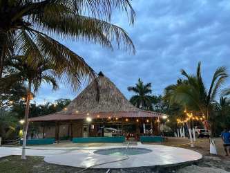 Outdoor palapa pavilion with palm trees and lights at Playa Toro Pedasi Panama