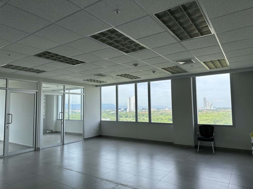 Bright commercial office massive windows city skyline Financial Park Costa del Este Panama