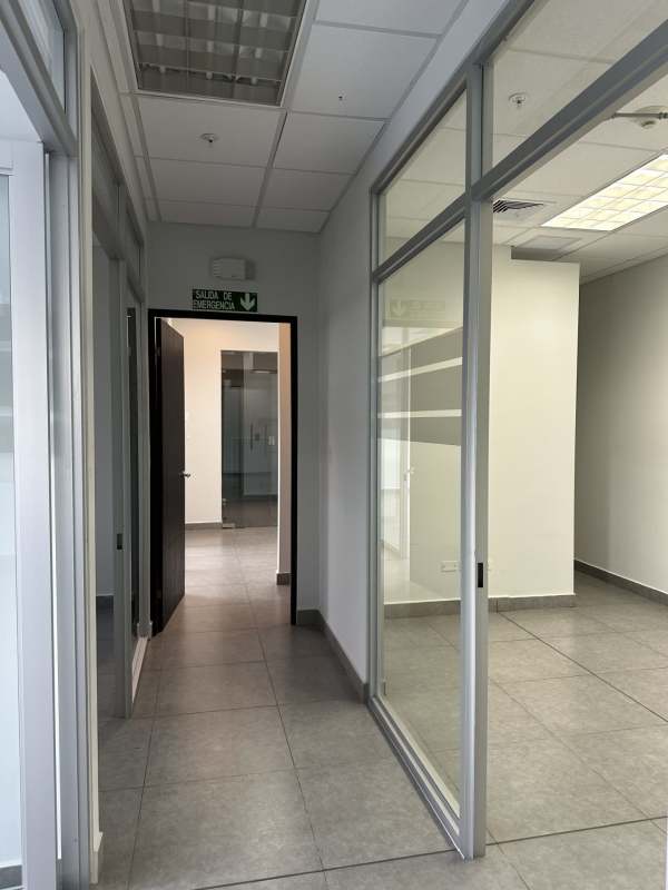 Glass partition hallway modern ceramic tile office corridor Financial Park Tower Panama