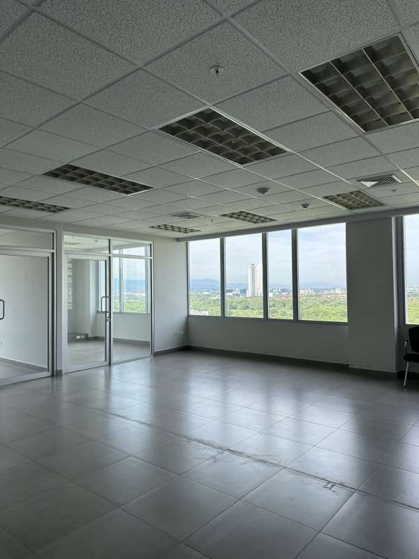 Corridor with glass doors tiled floor Financial Park business hub Costa del Este Panama
