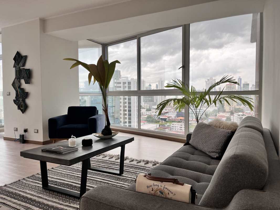 Modern bedroom with ocean and skyline view at PH Quartier del Mar in Coco del Mar Panama City