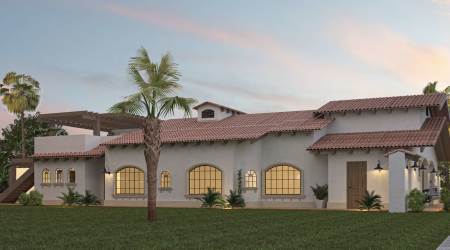 Exterior spanish colonial villa with clay tile roof, arches, palm trees Playa Venao Panama