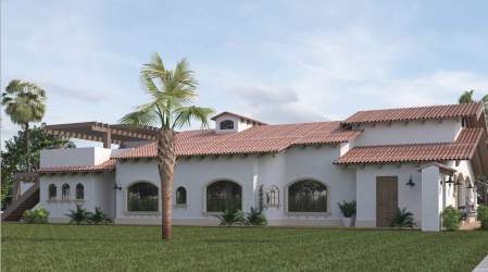 Exterior Mediterranean style house with arched windows, clay roof tiles and garden in Playa Venao Panama