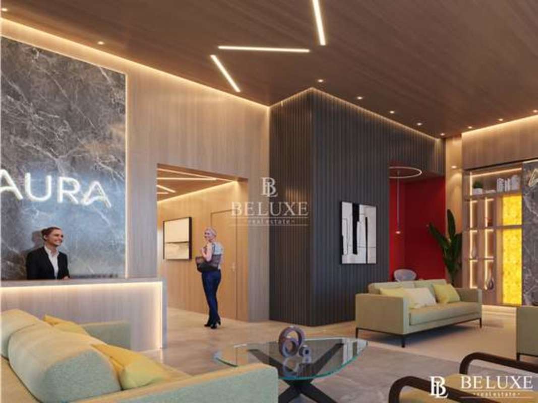 Modern lobby at PH Aura with marble accents and designer furnishings in Obarrio Panama