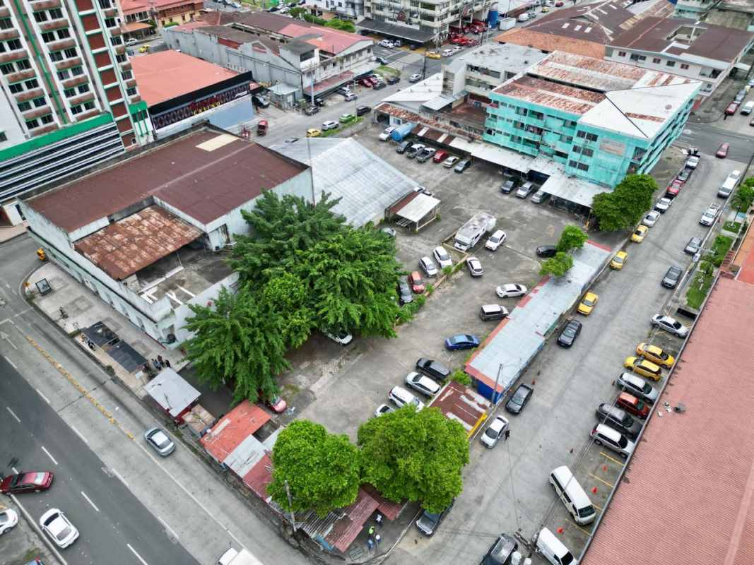 Aerial dense city block for development with parking and multiple buildings in Calidonia Panama