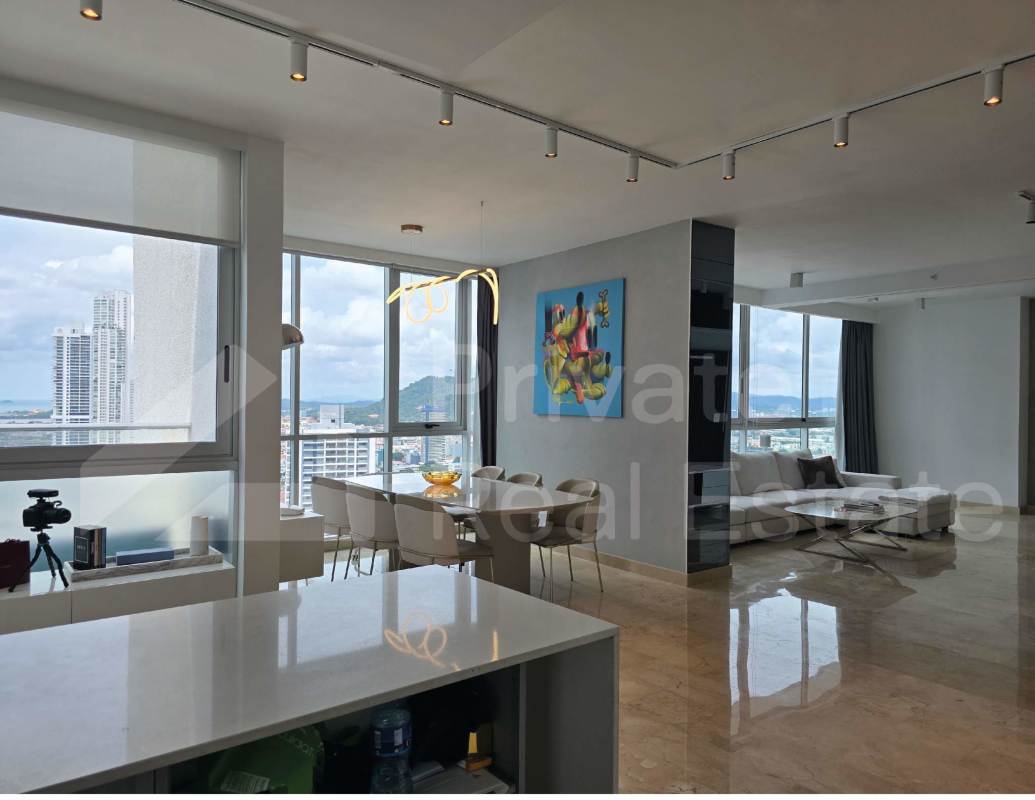 Modern luxury bathroom with glass shower, marble accents at PH Dynasty Residences penthouse Panama