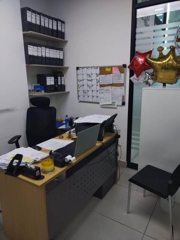 Meeting room with green accent wall, wooden table, mesh chairs in Edison Corporate Panama