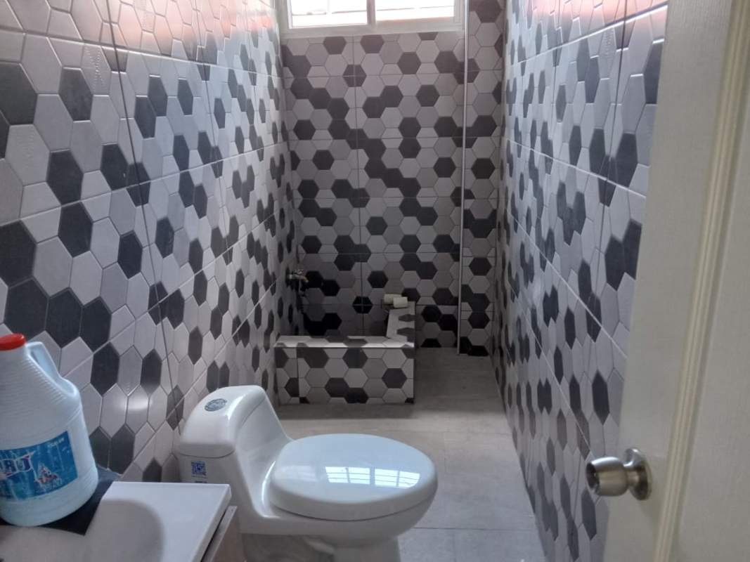 Contemporary small bathroom with hexagonal tiles and a shower area in office for rent Panama