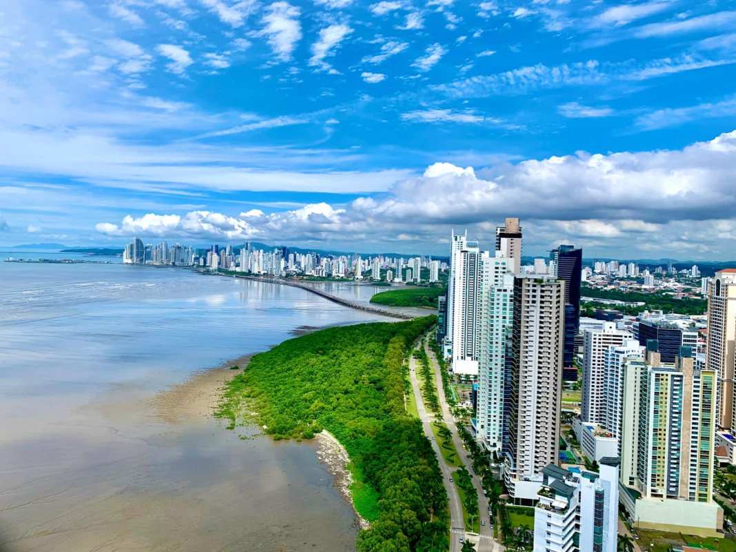 Grand lobby with marble floors at PH Ten Tower luxury condo tower Costa del Este Panama