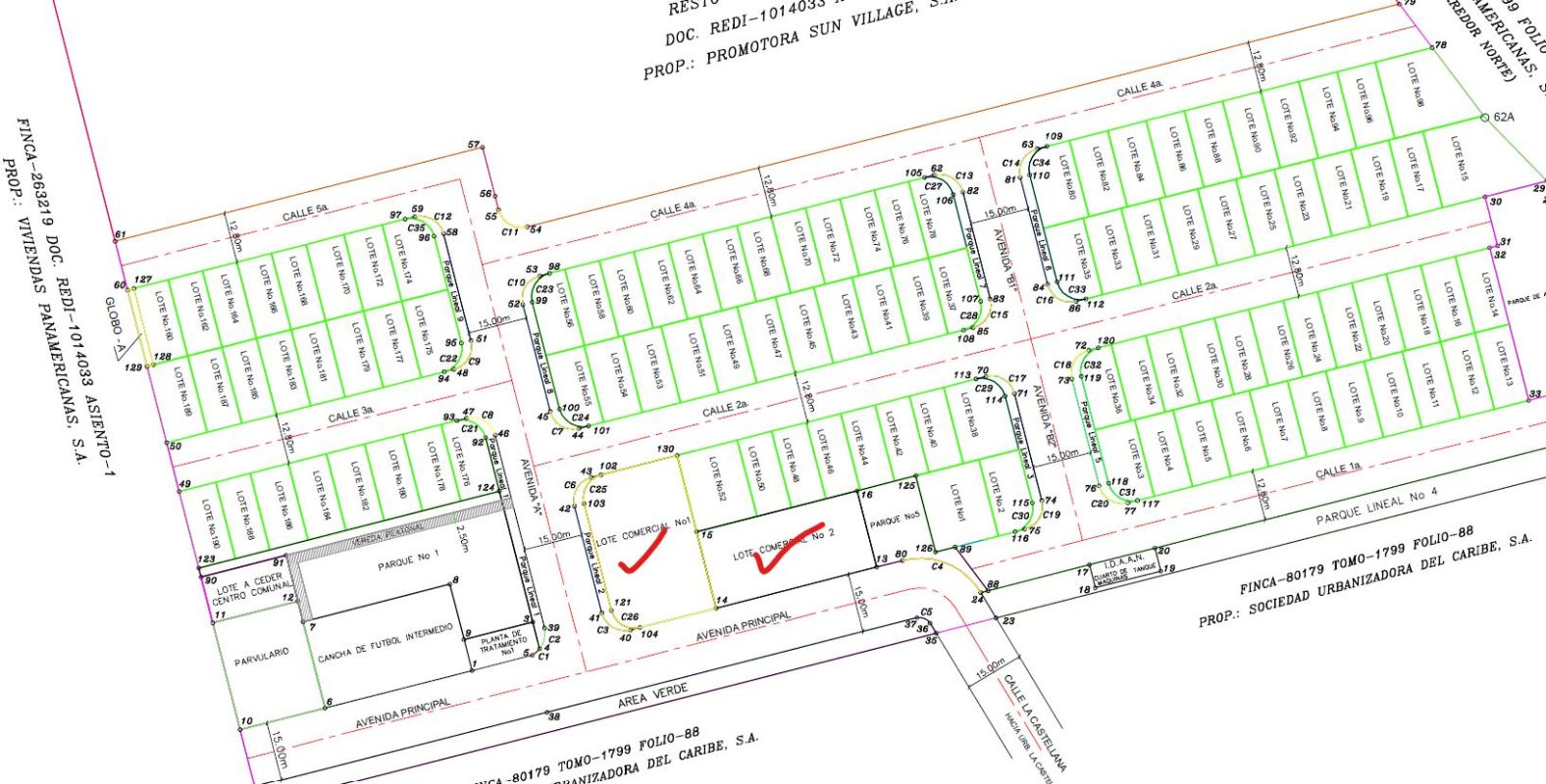 Sun Villa urban master plan map showing residential and commercial lots, parks and streets