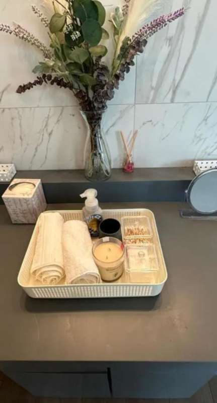 Bathroom with granite countertop glass shower large mirror PH Marina Park Panama