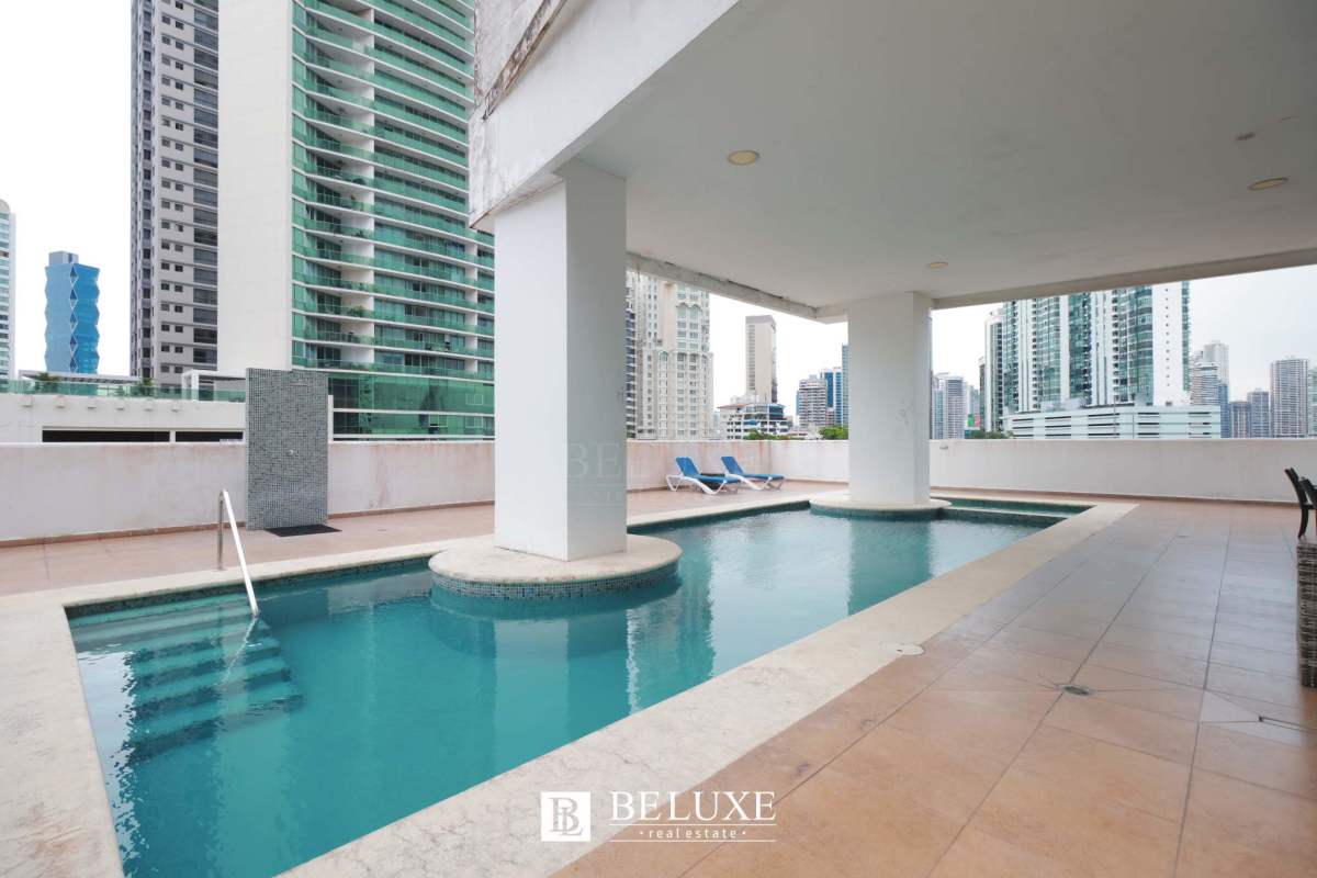 Covered pool area skyline views lounge space PH Marina Park Panama