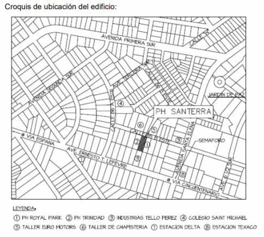 Location croquis map showing PH Santerra and nearby landmarks in Panama City