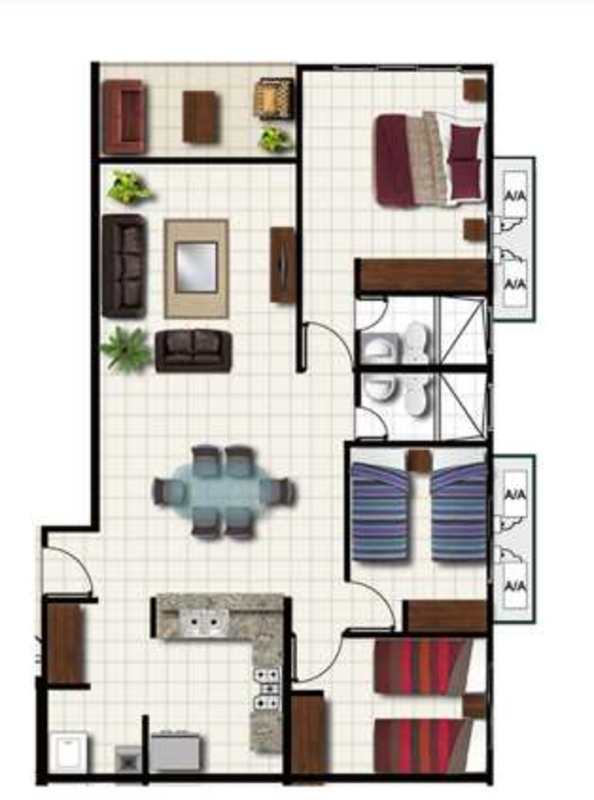 Floor plan with 3 bedrooms, 2 bathrooms, open kitchen and living at PH Santerra Panama