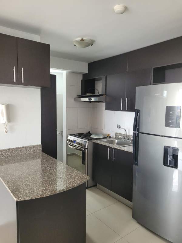Modern narrow kitchen with granite countertop, appliances, and cabinets in PH City Tower Via España Panama