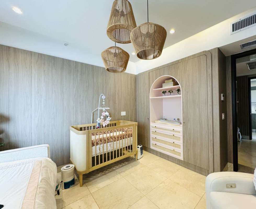 Modern dining area with pendant lights, sliding doors to panoramic balcony in PH Vitta Santa Maria Panama