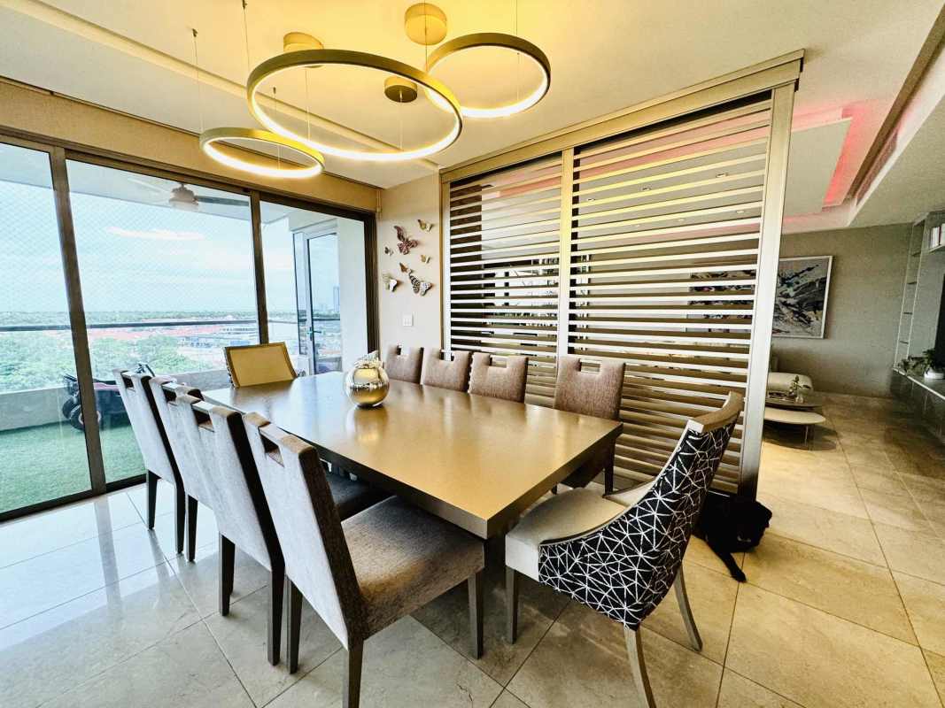 Luxury living room with feature wall, sectional sofa, stylish TV area in PH Vitta Santa Maria Panama