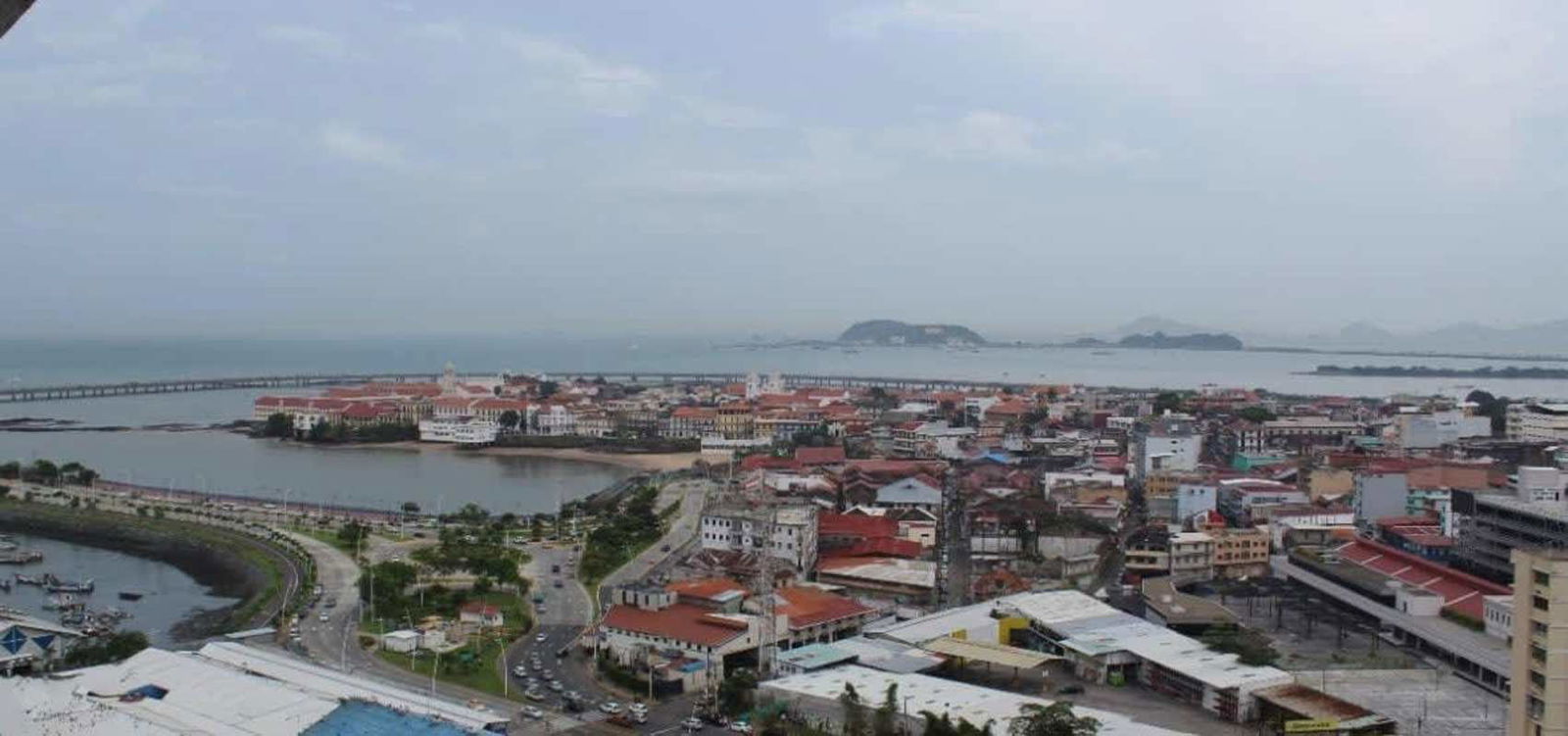 Panoramic aerial view of Panama City bay, Casco Viejo, skyline from Bay View Tower Calidonia