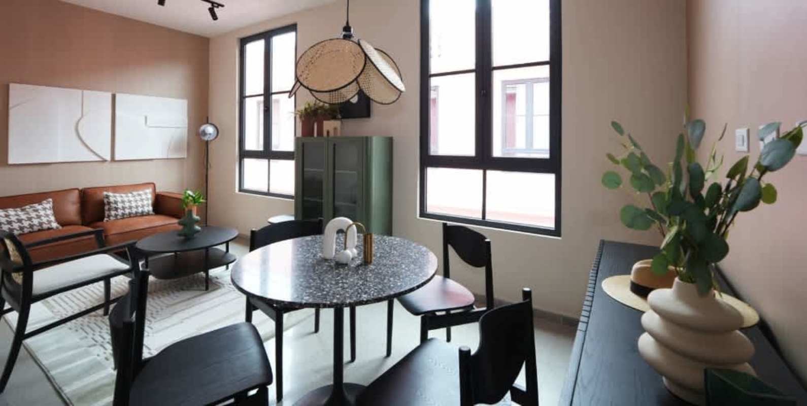 Minimalist bedroom with large window striped accent wall Casa Korsi Santa Ana Panama